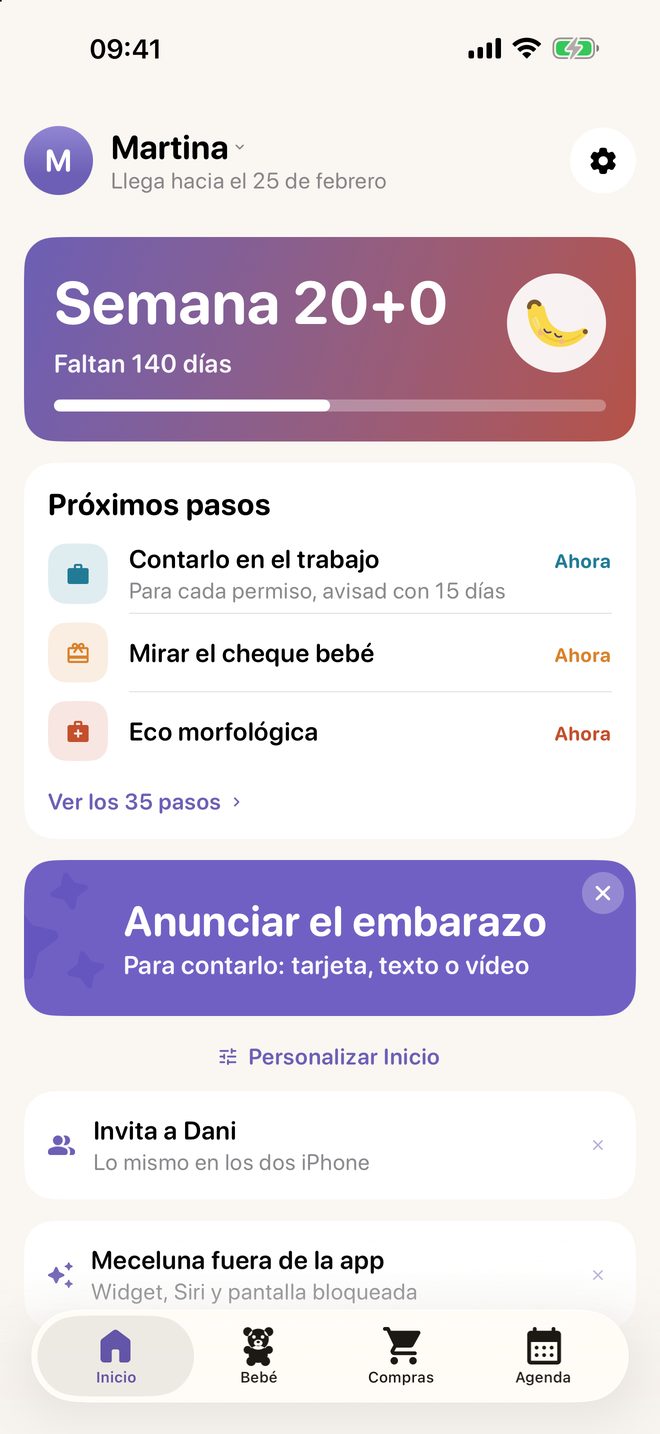 La pestaña Inicio de Meceluna en el embarazo con la semana, los días que faltan y los próximos pasos