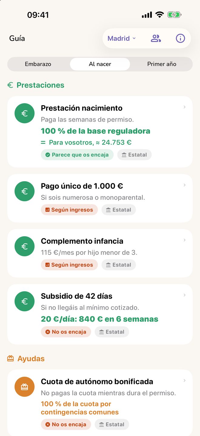 La guía de ayudas de Meceluna con la prestación por nacimiento, el pago único y el complemento de infancia, cada una con si os encaja