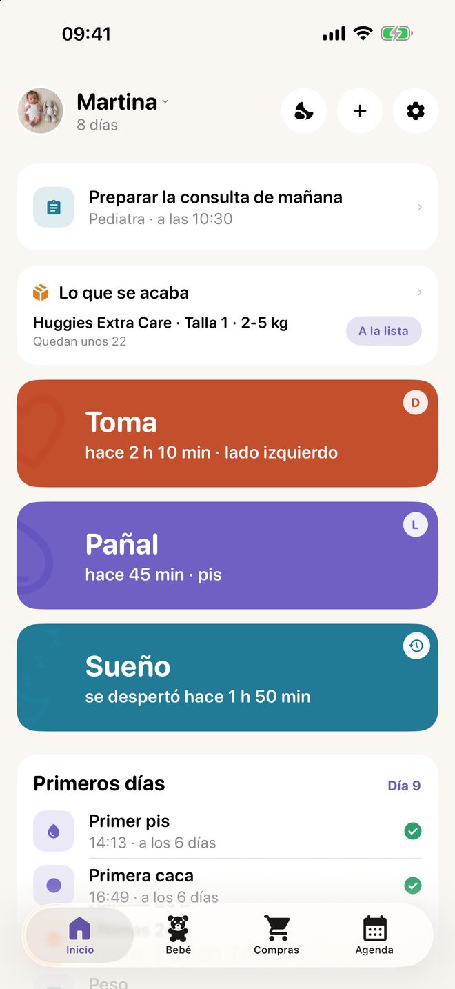 La pestaña Inicio de Meceluna con las bandas de Toma, Pañal y Sueño que ven los dos