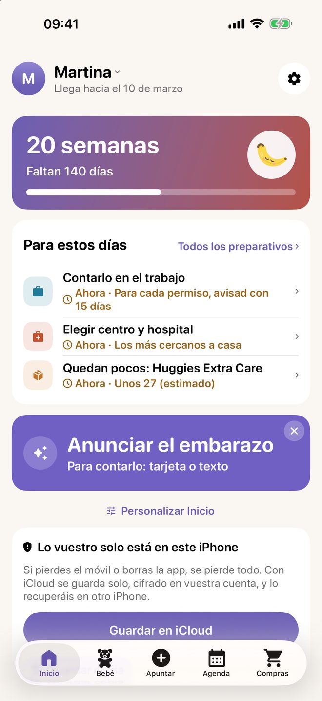 La pestaña Inicio de Meceluna en el embarazo con la semana, los días que faltan y los próximos pasos