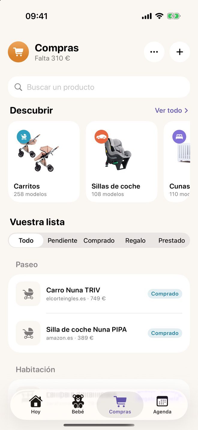 La pestaña Compras de Meceluna con el catálogo y la lista del bebé