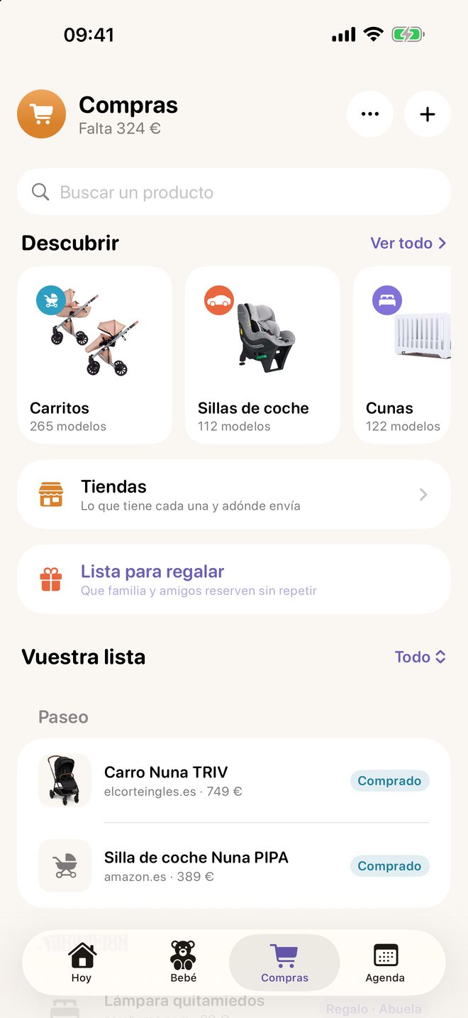 La pestaña Compras de Meceluna con el catálogo, la lista para regalar y vuestra lista
