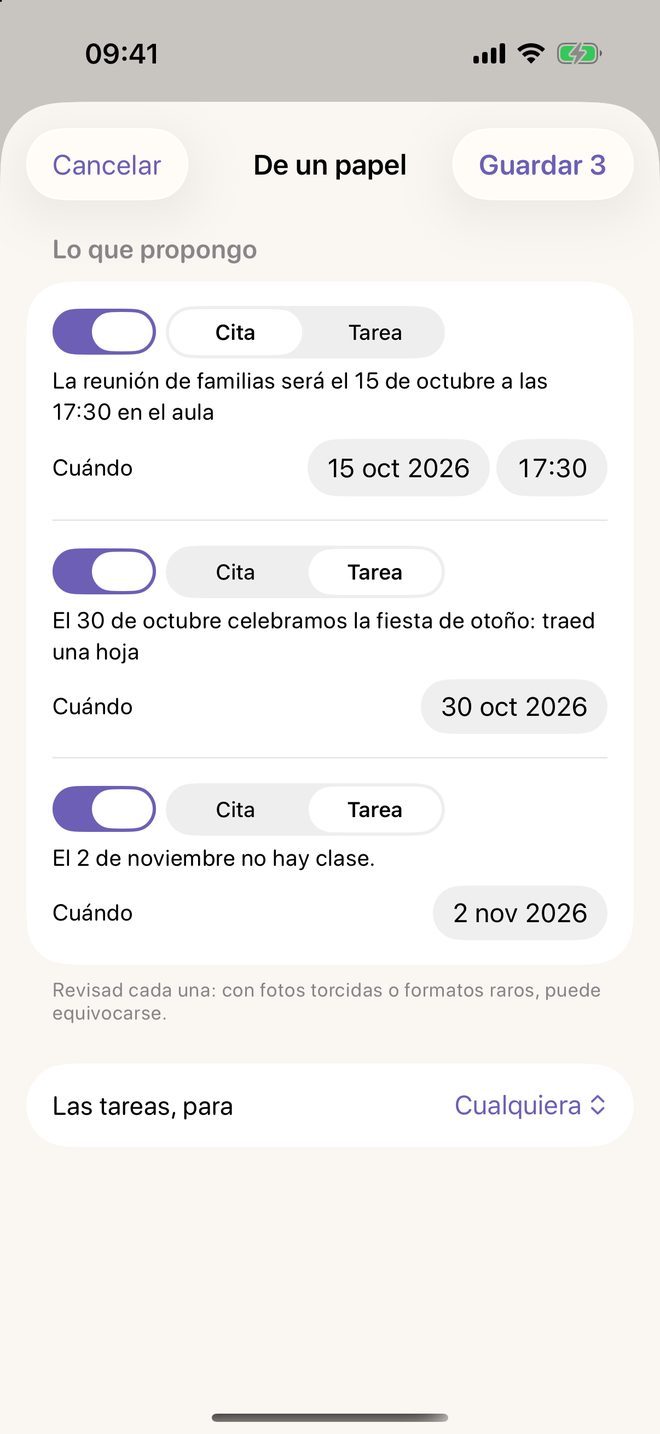 Las fechas de una circular de la escuela, propuestas como citas y tareas