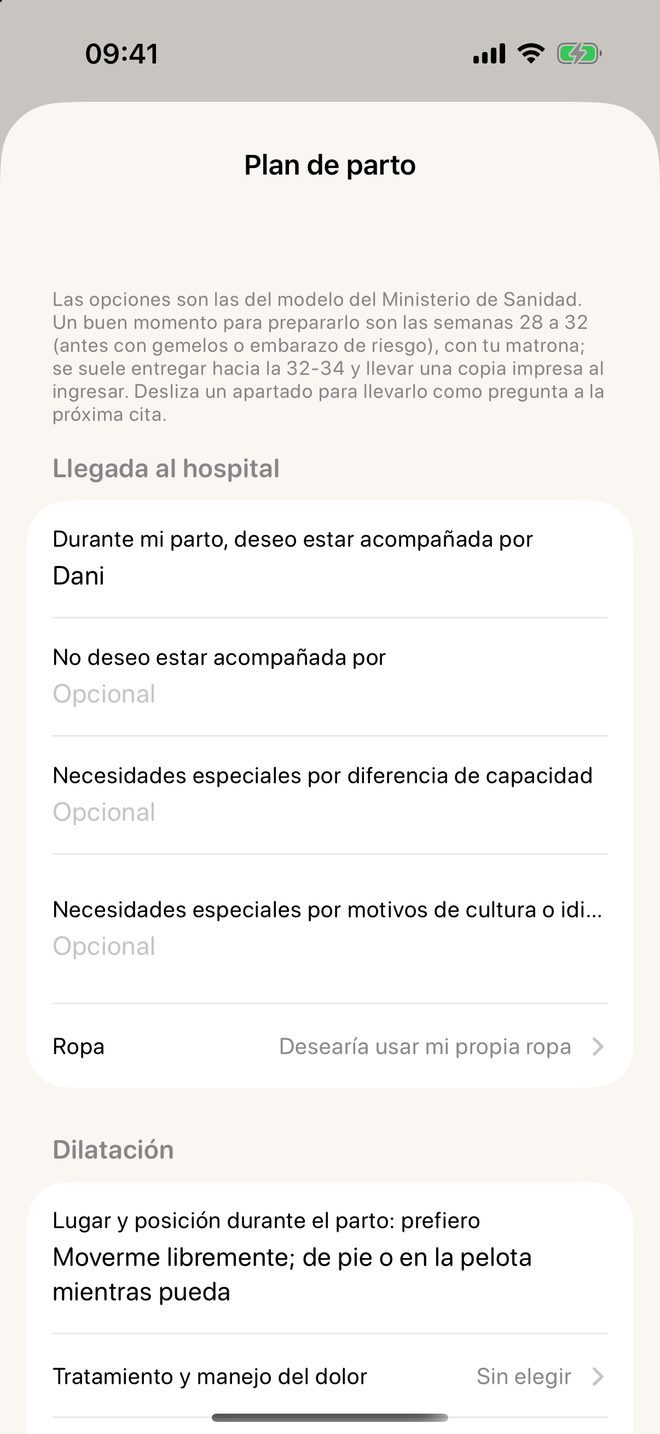 El plan de parto de Meceluna con los apartados del modelo del Ministerio de Sanidad