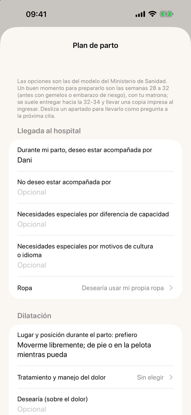 El plan de parto de Meceluna con los apartados del modelo del Ministerio de Sanidad