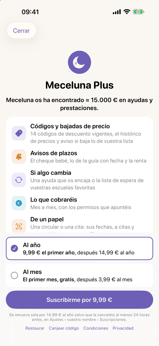 La pantalla de Meceluna Plus con las dos opciones de suscripción y su precio