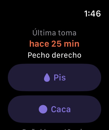 Meceluna en el Apple Watch con la última toma y los botones de pis y caca