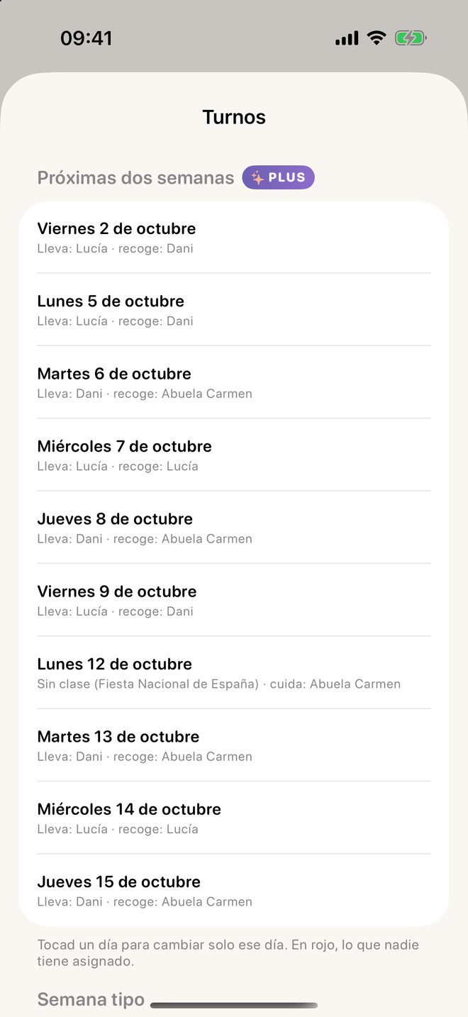 Quién lleva, recoge y cuida cada día de las próximas dos semanas, con los días sin clase