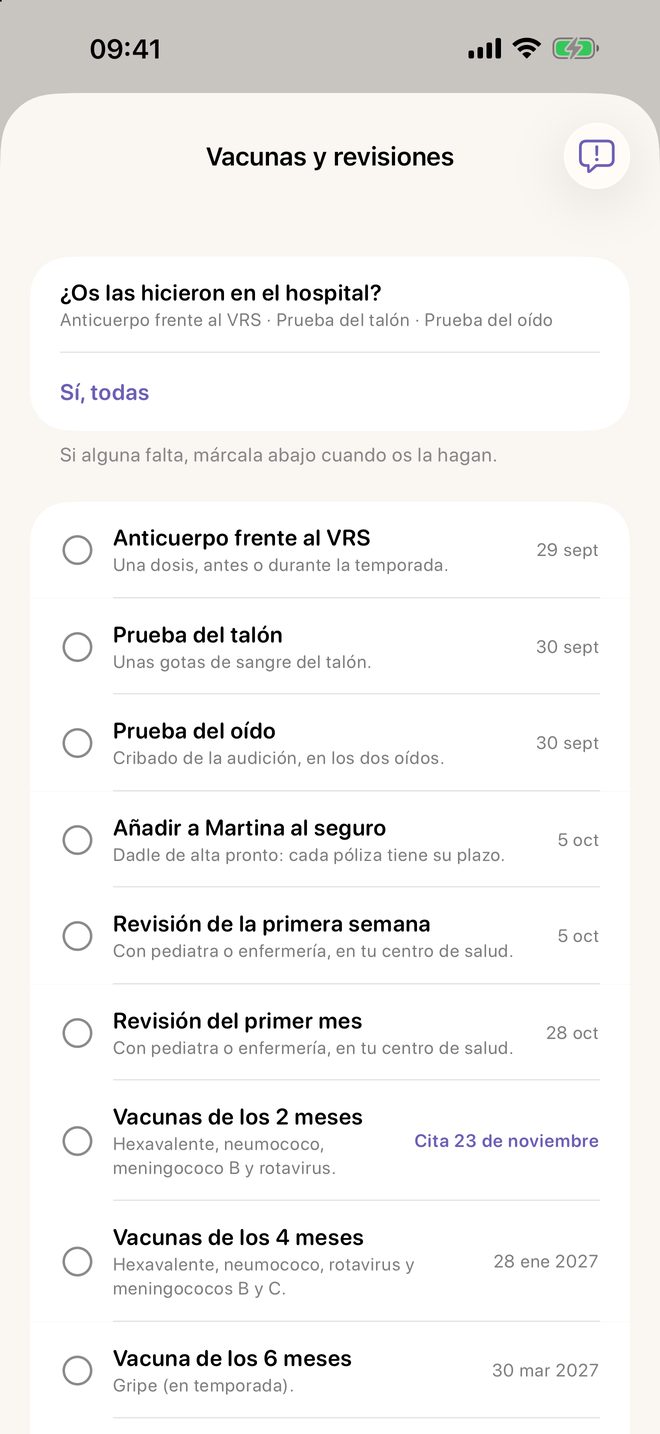 La pantalla Vacunas y revisiones de Meceluna con la fecha prevista de cada una