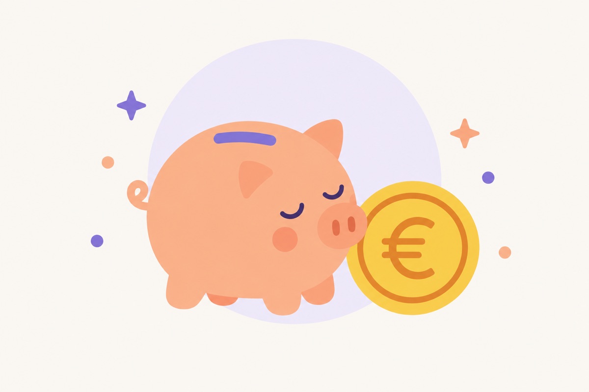 Una hucha con forma de cerdito y una moneda de euro delante.