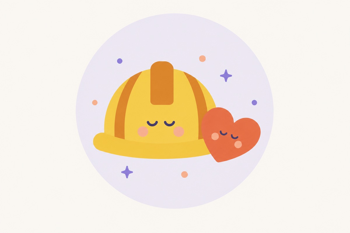 Un casco de obra amarillo con un pequeño corazón al lado, en dibujo plano.