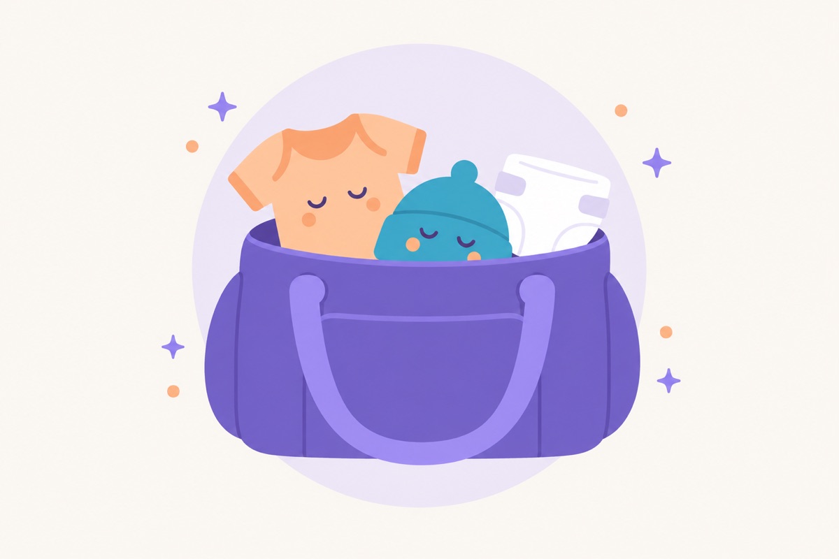 Una bolsa de viaje abierta de la que asoman un body, un gorrito y un pañal.