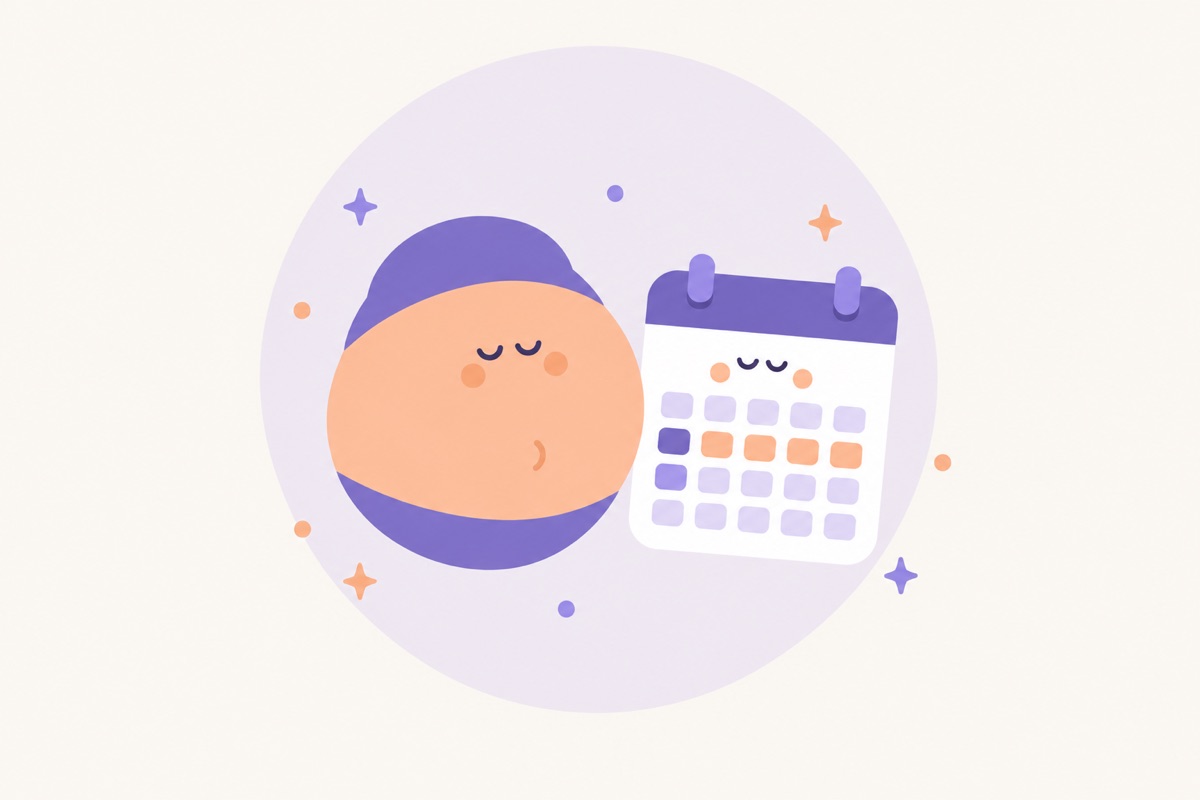 Una barriga redonda de embarazada con un calendario al lado, en dibujo plano de colores suaves.