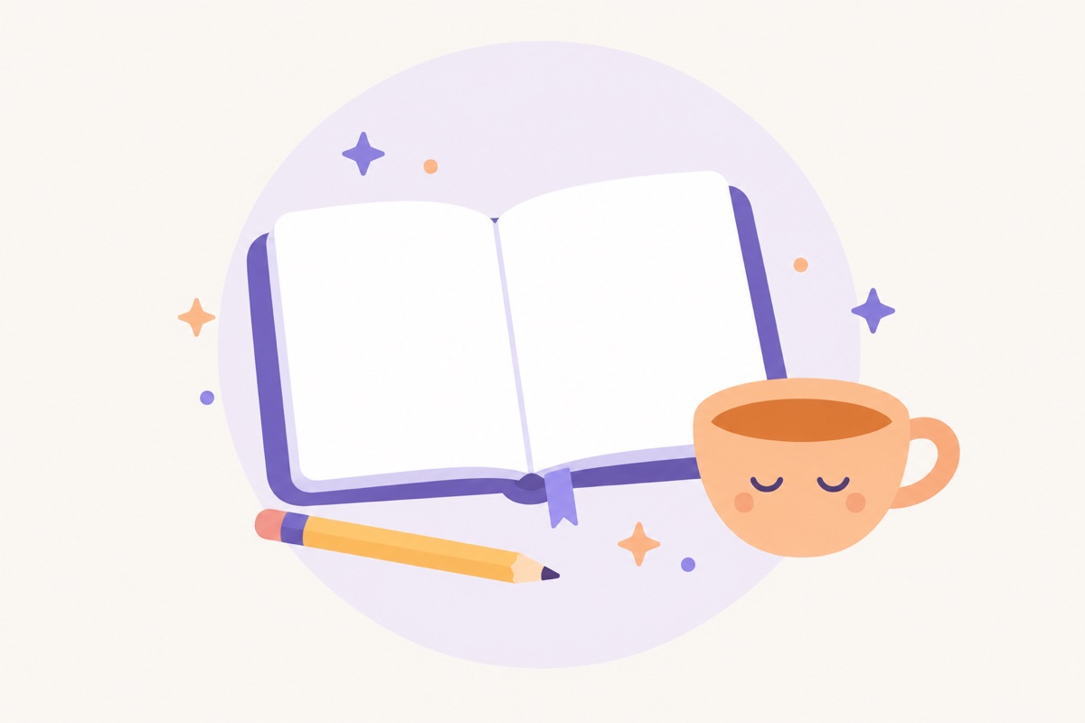 Un cuaderno abierto con las hojas en blanco, un lápiz y una taza de té.