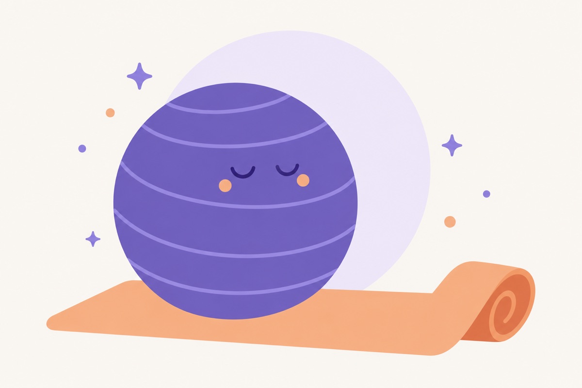 Una pelota de pilates y una esterilla de ejercicio, en dibujo plano.