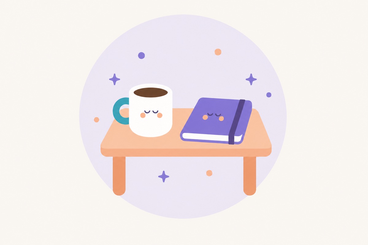Una taza de café y una libreta cerrada sobre una mesa de oficina.