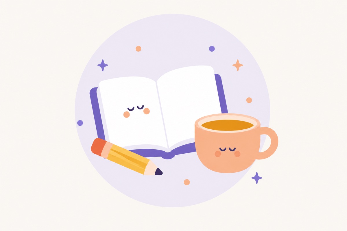 Una libreta abierta con un lápiz al lado y una taza de té.