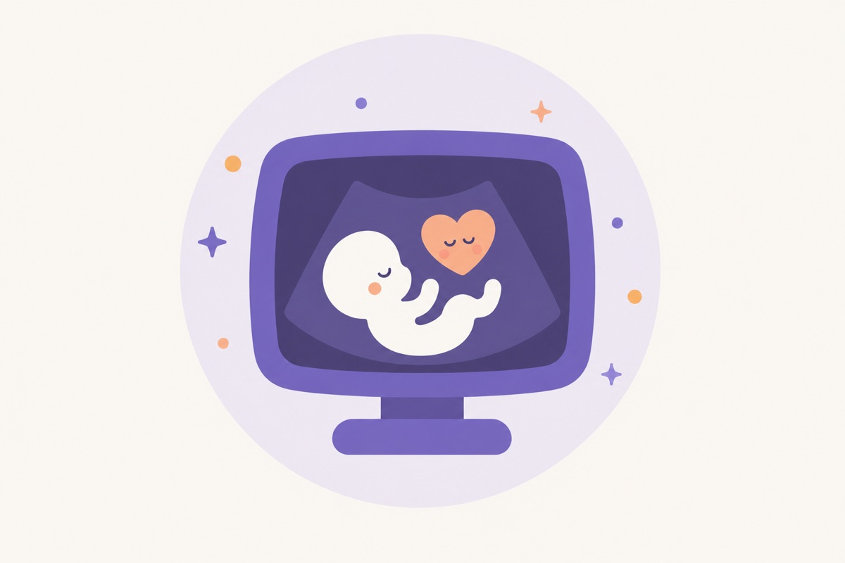 Una pantalla de ecógrafo con la silueta de un bebé y un corazón, en dibujo plano.