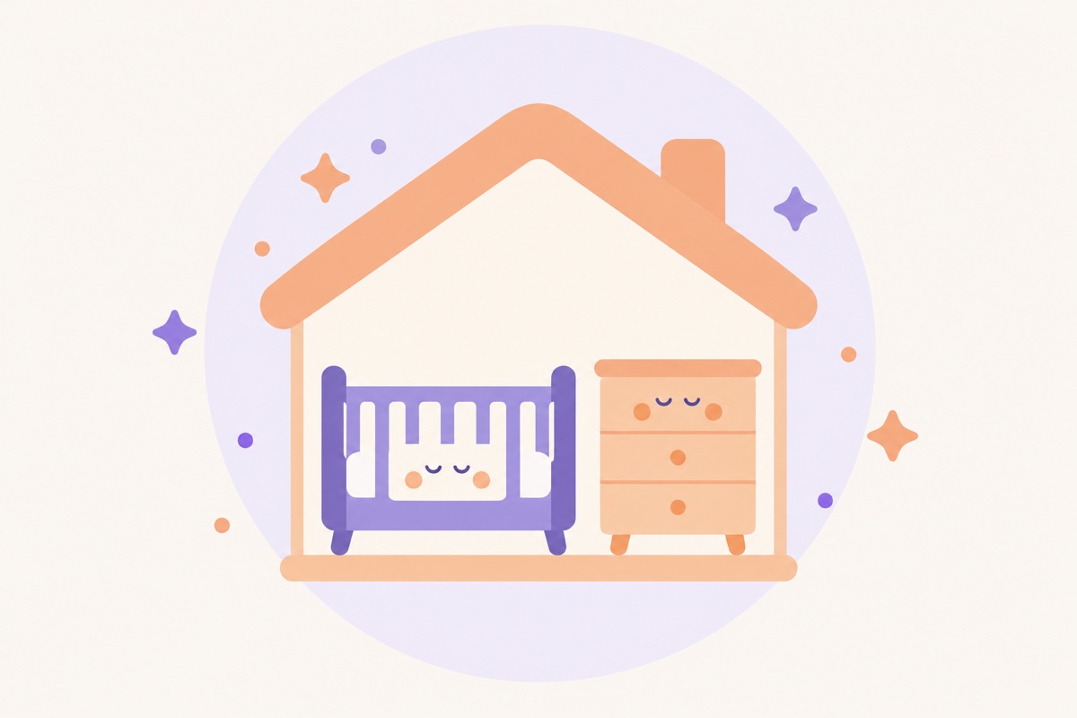 Una casa con una cuna y una cómoda dentro.