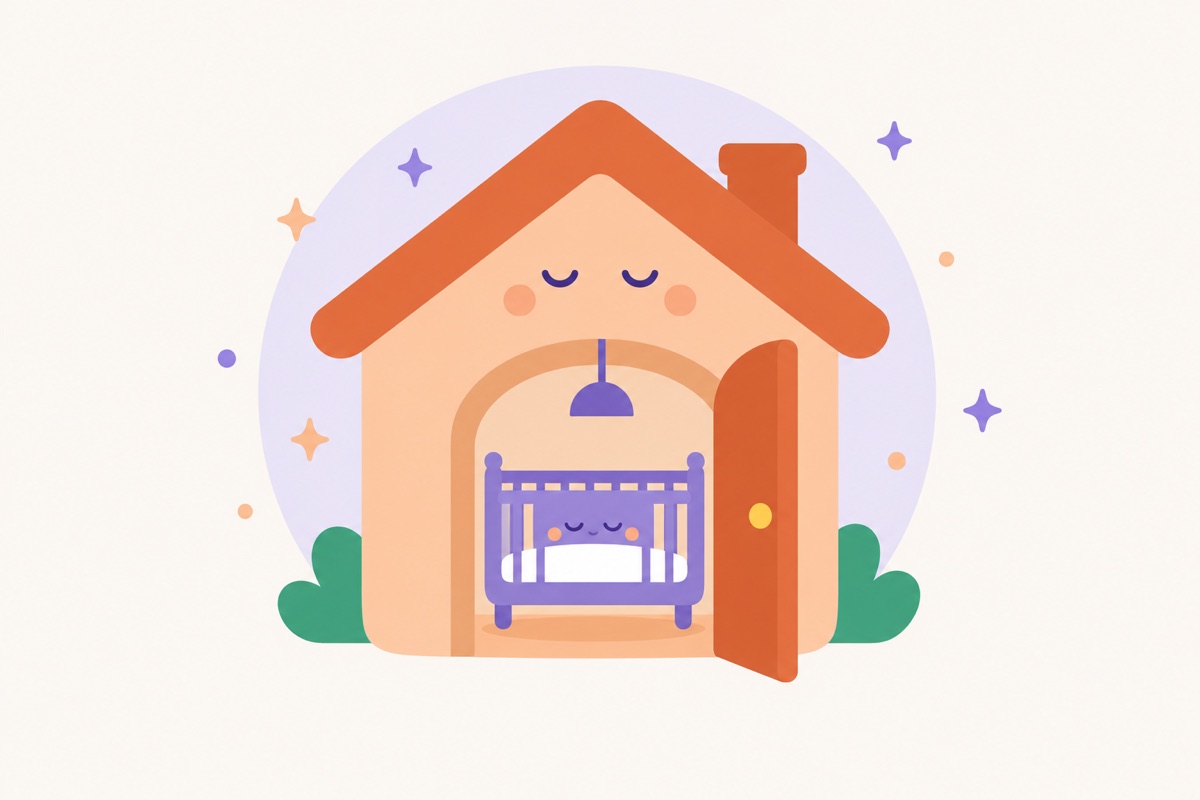 Una casita con la puerta abierta y una cuna dentro.