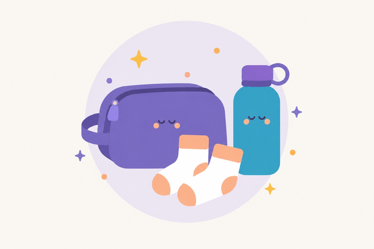 Una bolsa de aseo, unos calcetines y una botella de agua preparados para un viaje.